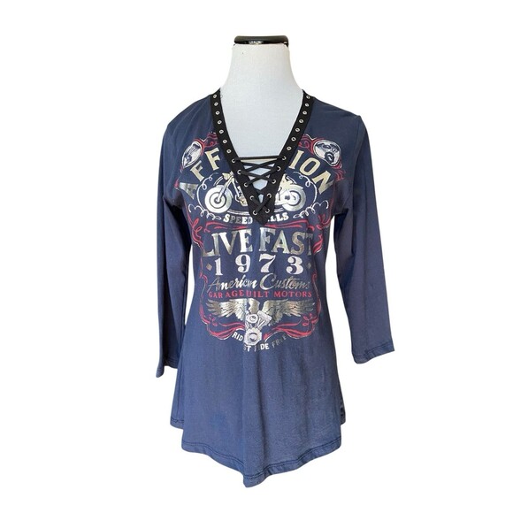 Affliction Womens American Customs Moto Foil Graphic Lace Up Top Size L Blue Y2K - Picture 1 of 15
